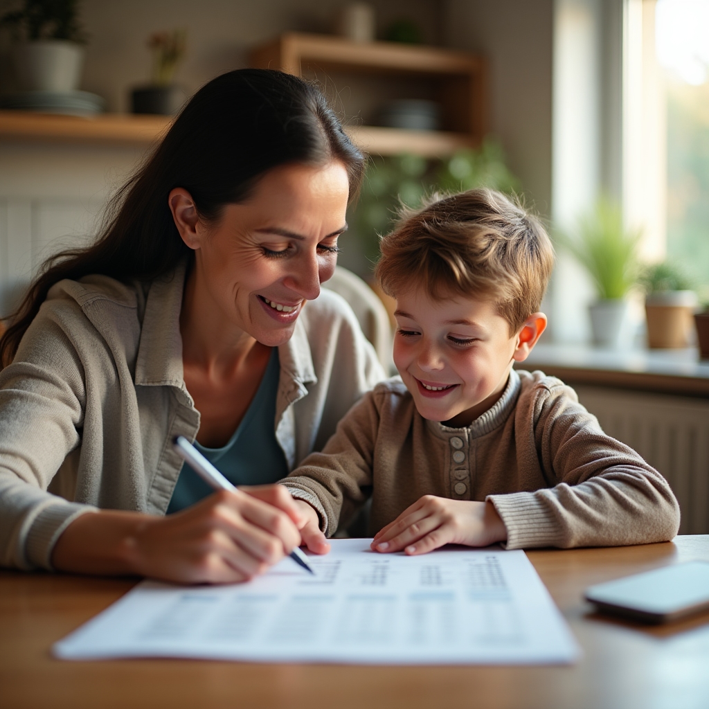 Elternteil und Lehrling sitzen gemeinsam am Küchentisch und besprechen ein Budget