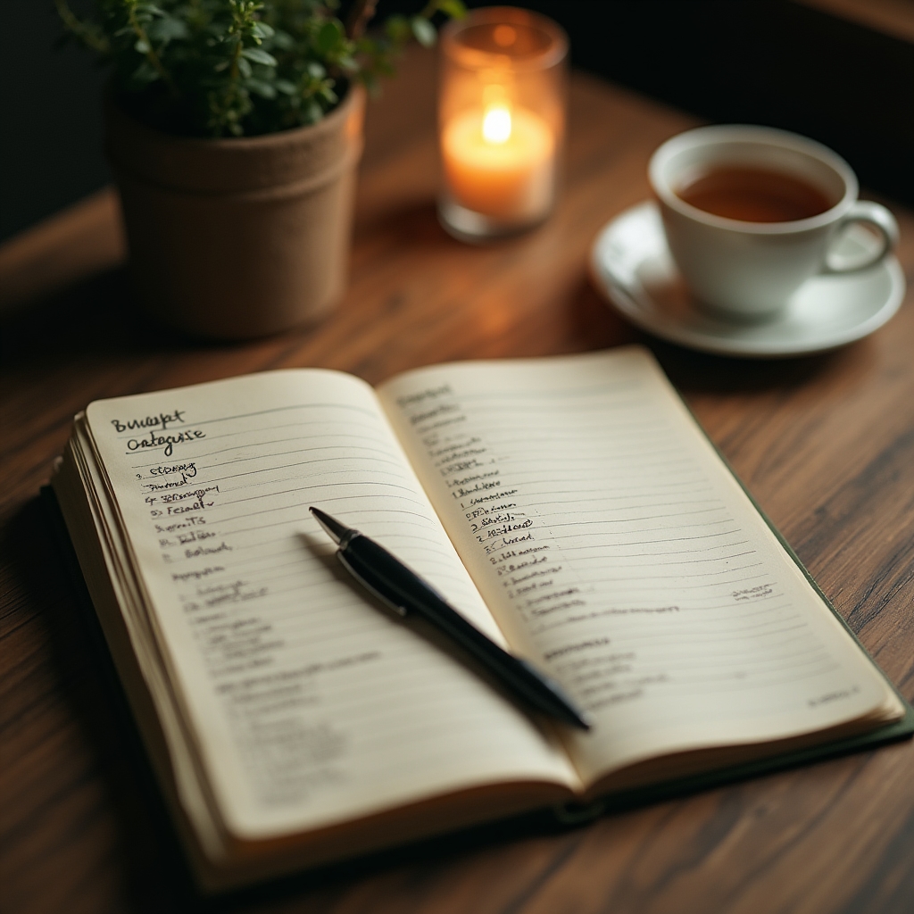 Aufgeschlagenes Notizbuch mit handschriftlicher Budgetplanung