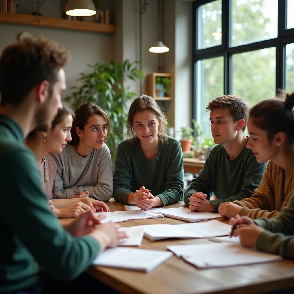 Kleine Gruppe von Lehrlingen sitzt gemeinsam an einem Tisch mit Kursunterlagen