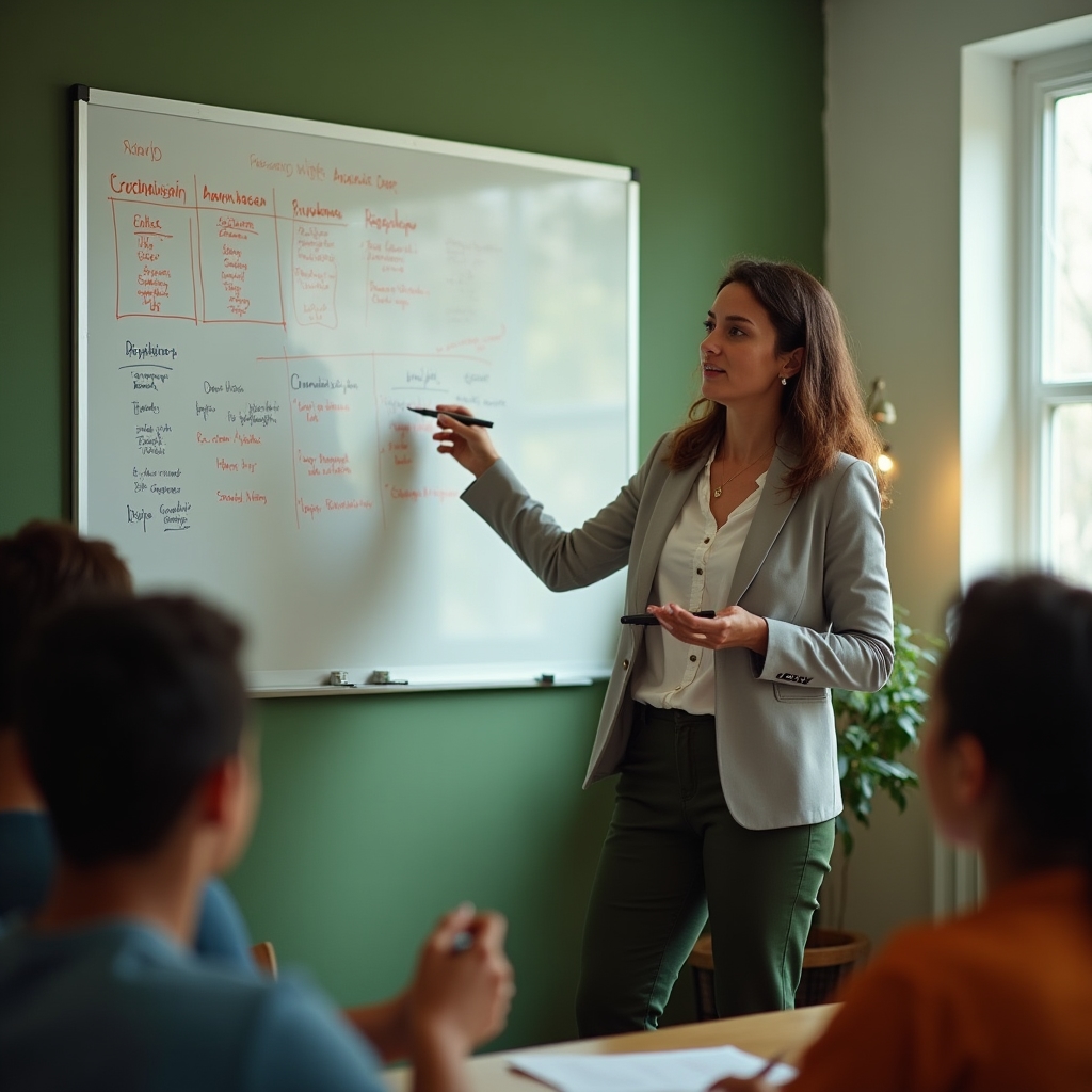 Trainer erklärt das Drei-Töpfe-System an einem Whiteboard vor kleiner Gruppe